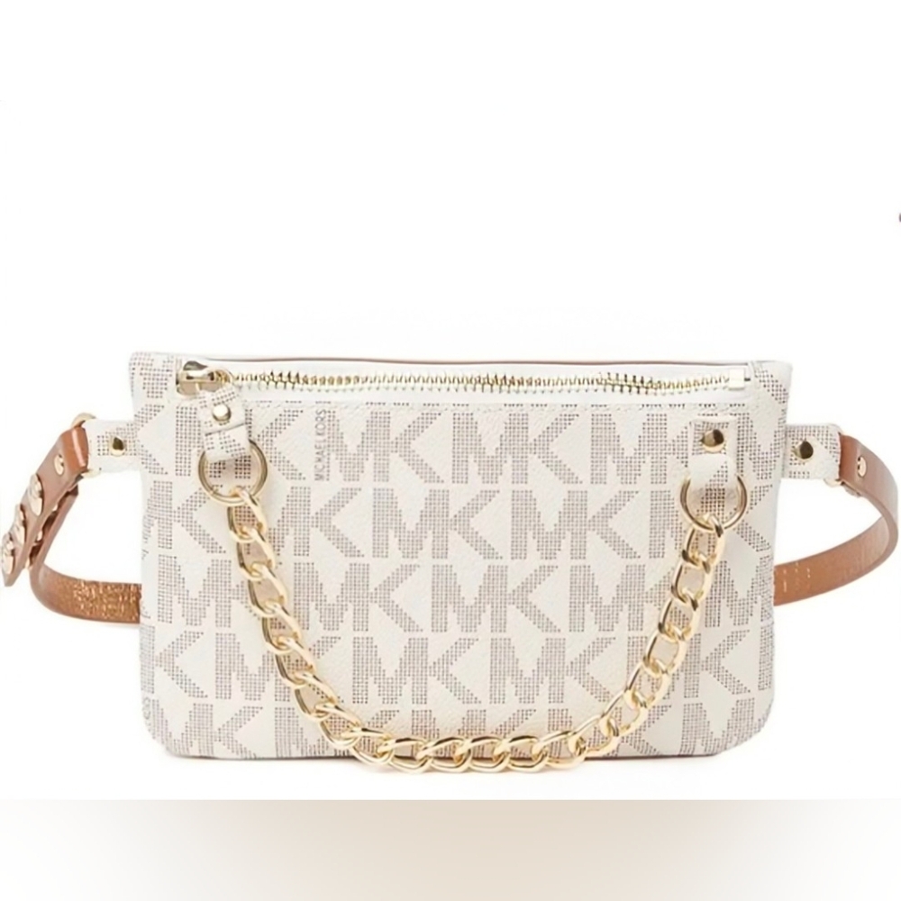 Michael Kors White Beige Logo Chain-Accent Crossbody Belt Bag